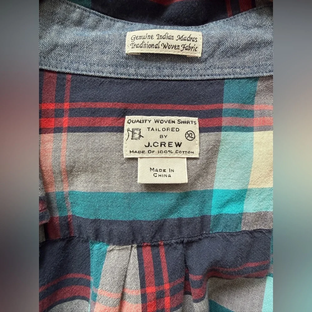 J. Crew Men's Casual Plaid Shirt - Navy, Red, and Teal XL